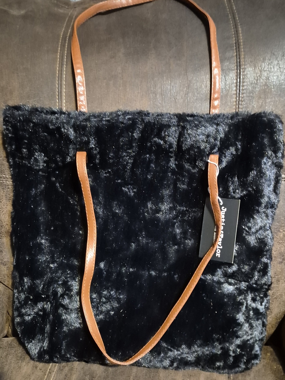 Black Faux Fur Tote with Tan Shoulder Straps
